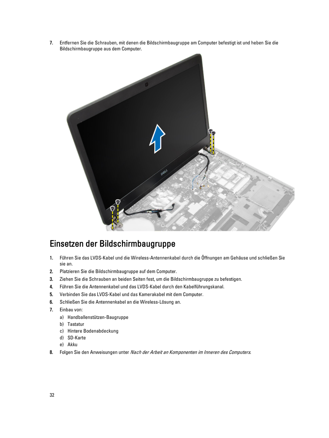 Dell E7440 manual Einsetzen der Bildschirmbaugruppe 