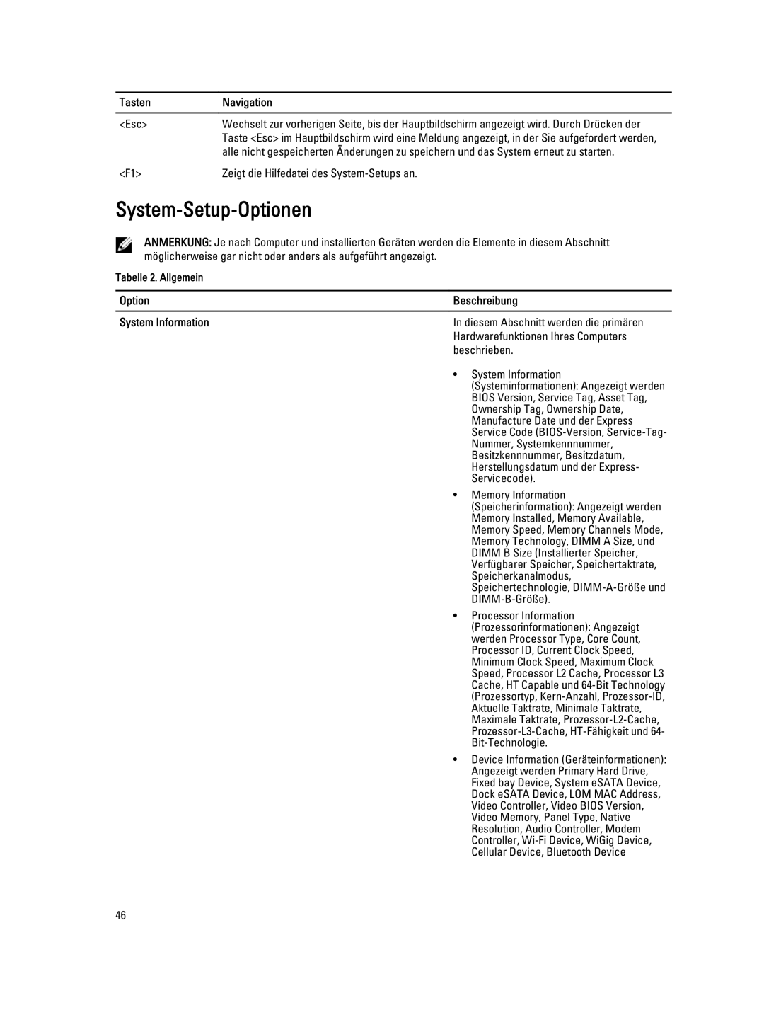 Dell E7440 manual System-Setup-Optionen, Option Beschreibung System Information 