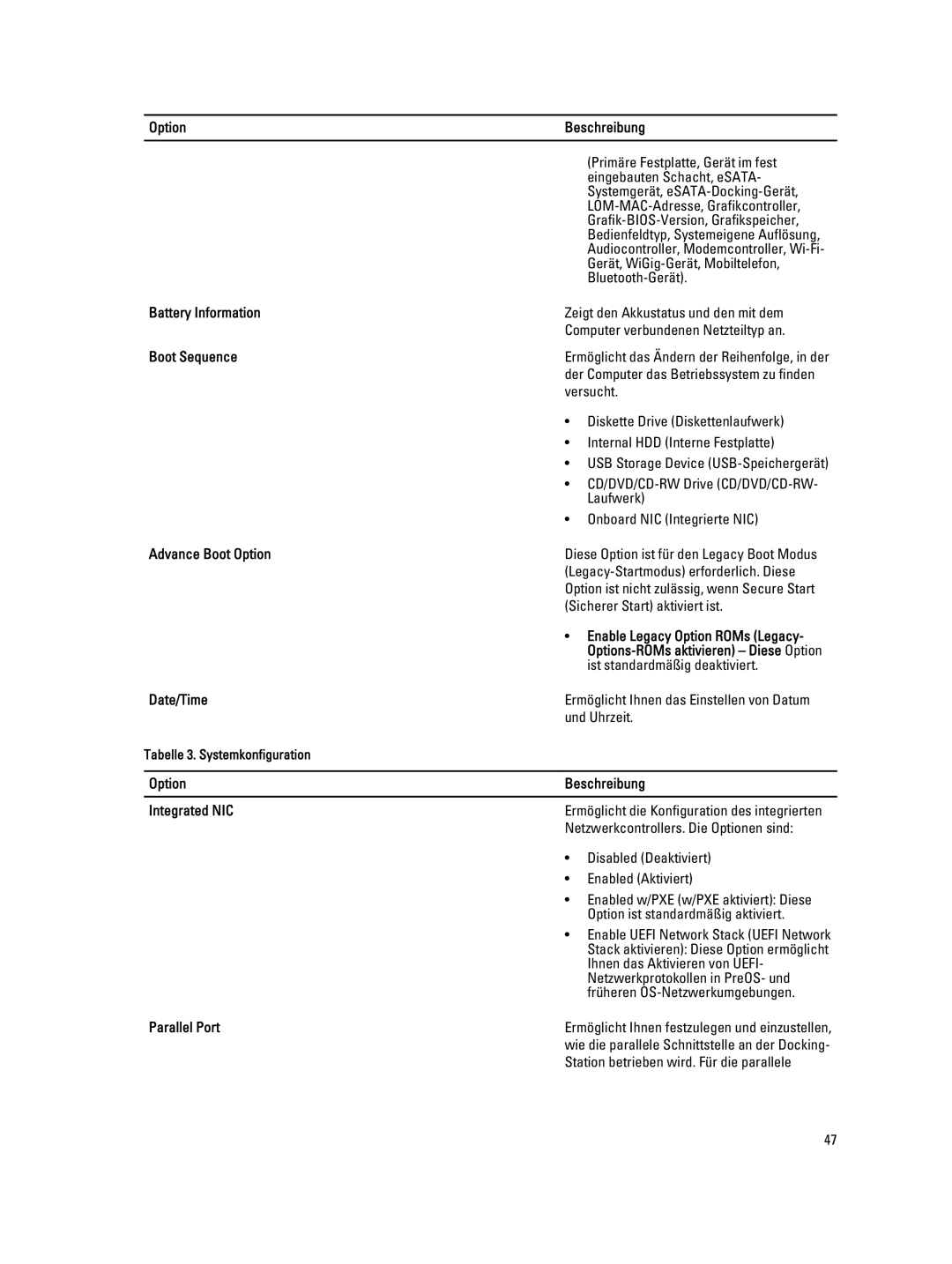 Dell E7440 Option Beschreibung, Battery Information, Boot Sequence, Advance Boot Option, Enable Legacy Option ROMs Legacy 
