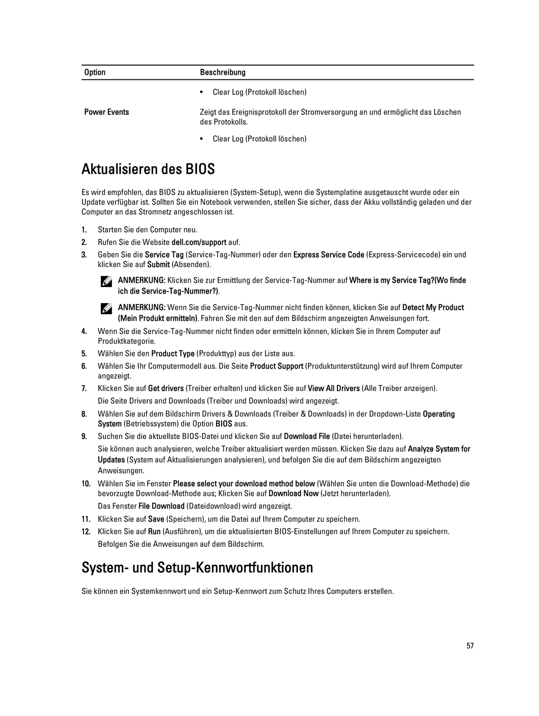 Dell E7440 manual Aktualisieren des Bios, System- und Setup-Kennwortfunktionen, Power Events 