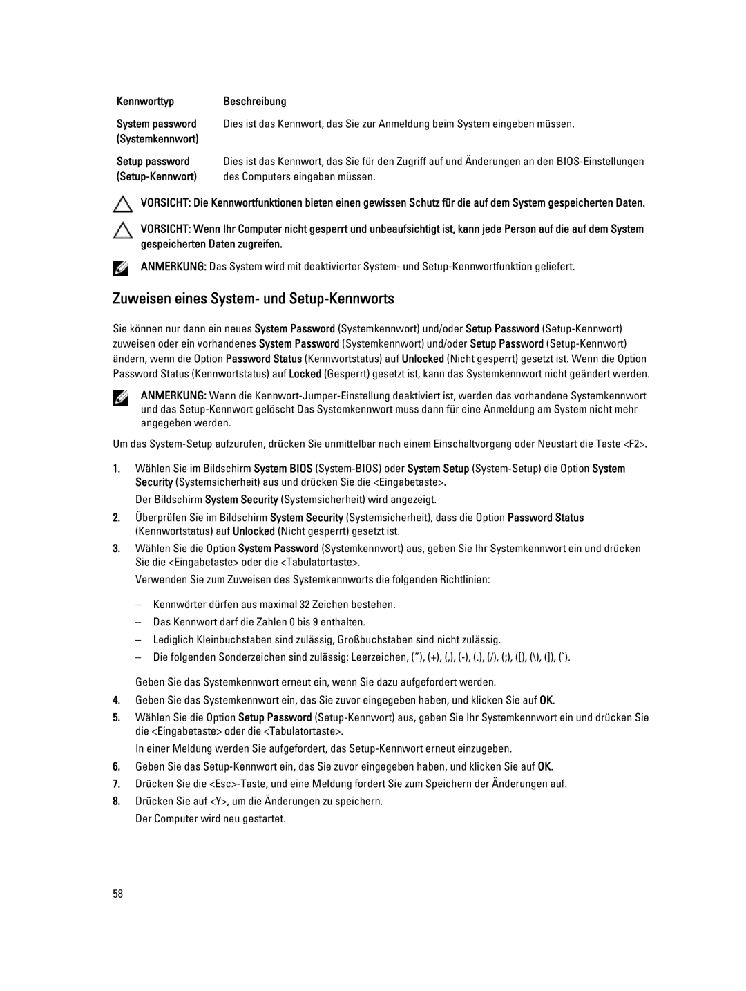 Dell E7440 manual Kennworttyp Beschreibung, Systemkennwort 