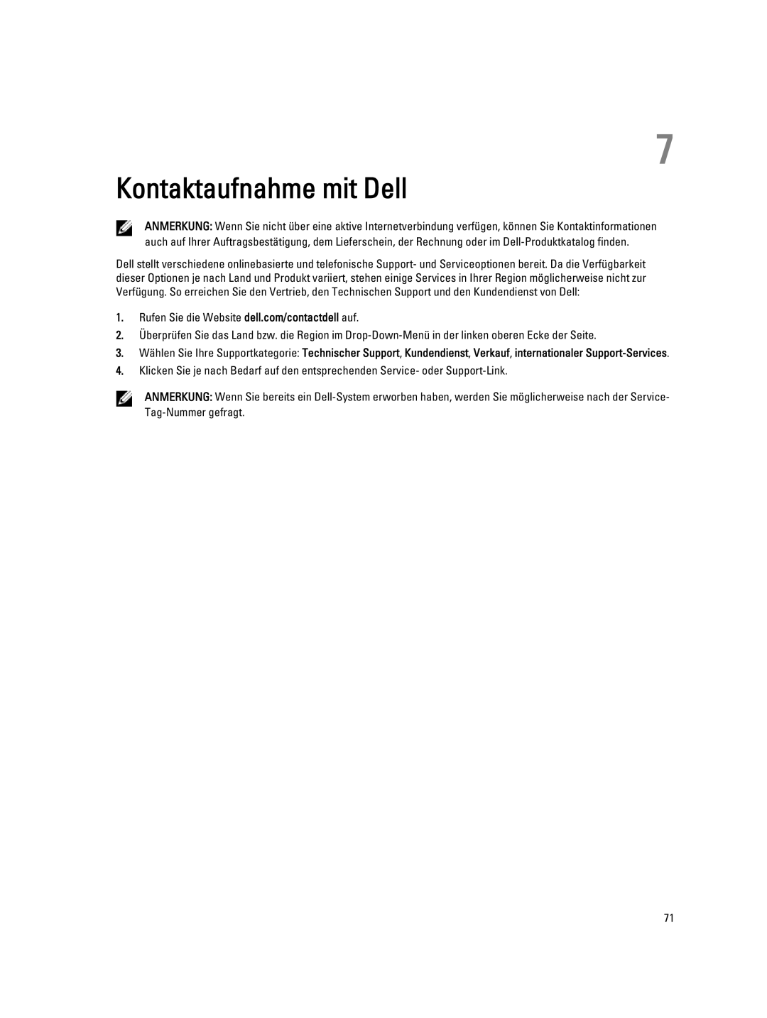 Dell E7440 manual Kontaktaufnahme mit Dell 