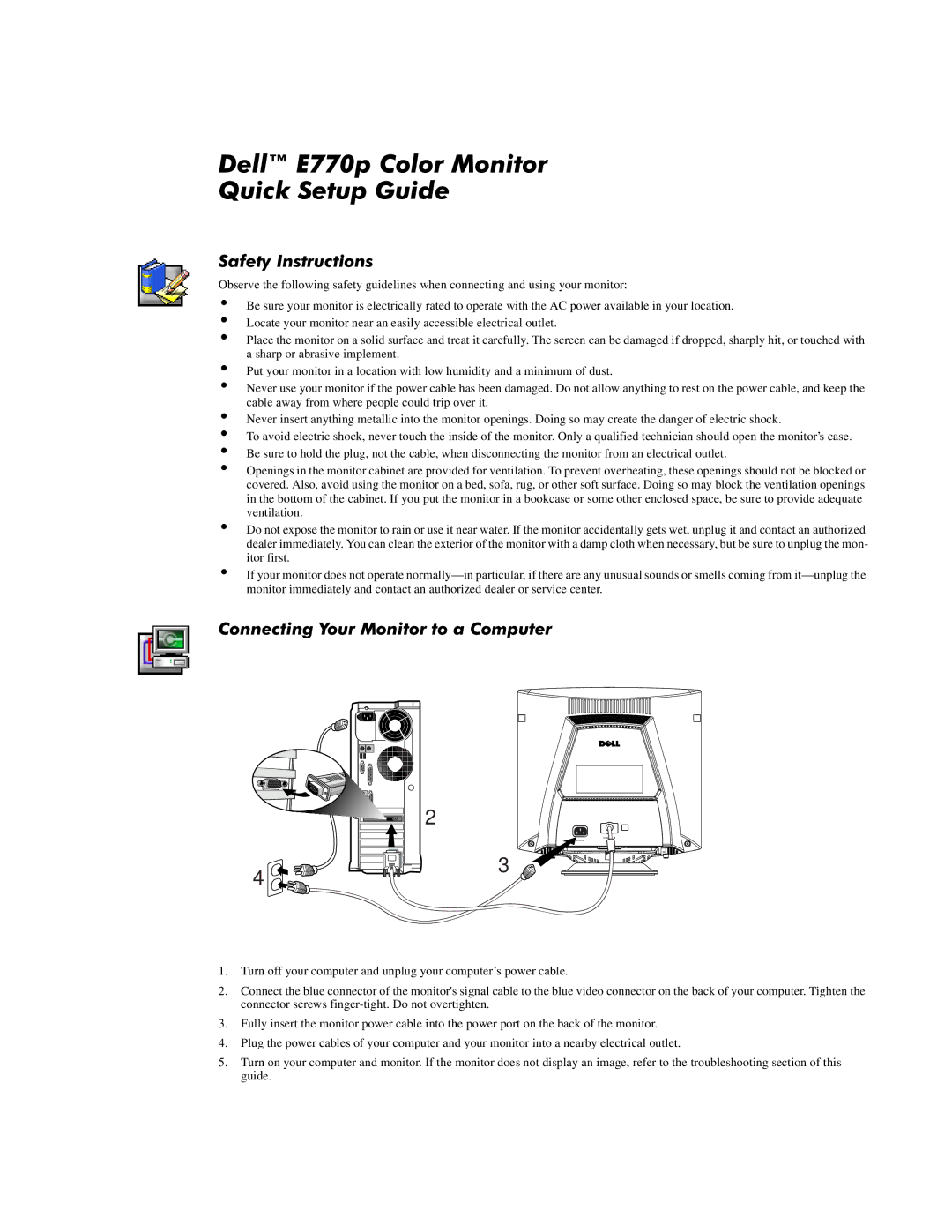 Dell E770p manual HOOŒS&RORU0RQLWRU 4XLFN6HWXS*XLGH 6DIHW\,QVWUXFWLRQV, RQQHFWLQJRXU0RQLWRUWRD&RPSXWHU 