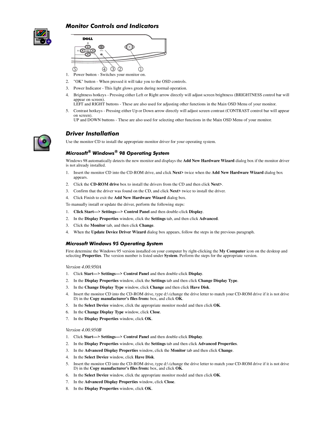 Dell E770p manual 0RQLWRU&RQWUROVDQG,QGLFDWRUV, Ulyhu,Qvwdoodwlrq, 0LFURVRIWLQGRZV2SHUDWLQJ6\VWHP, Version 4.00.950A 