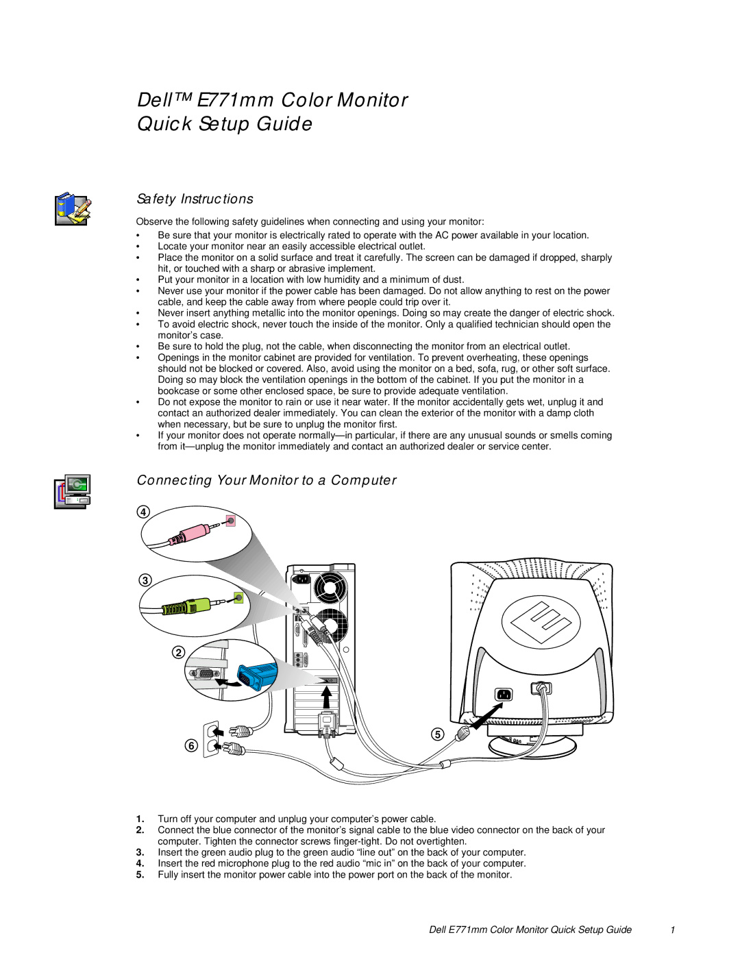 Dell E771MM setup guide Safety Instructions, Connecting Your Monitor to a Computer 