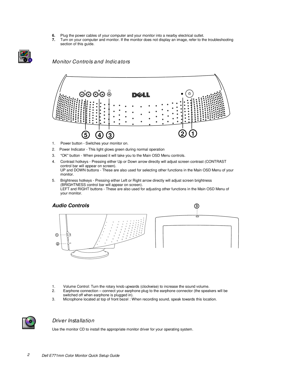 Dell E771MM setup guide Monitor Controls and Indicators, Driver Installation 