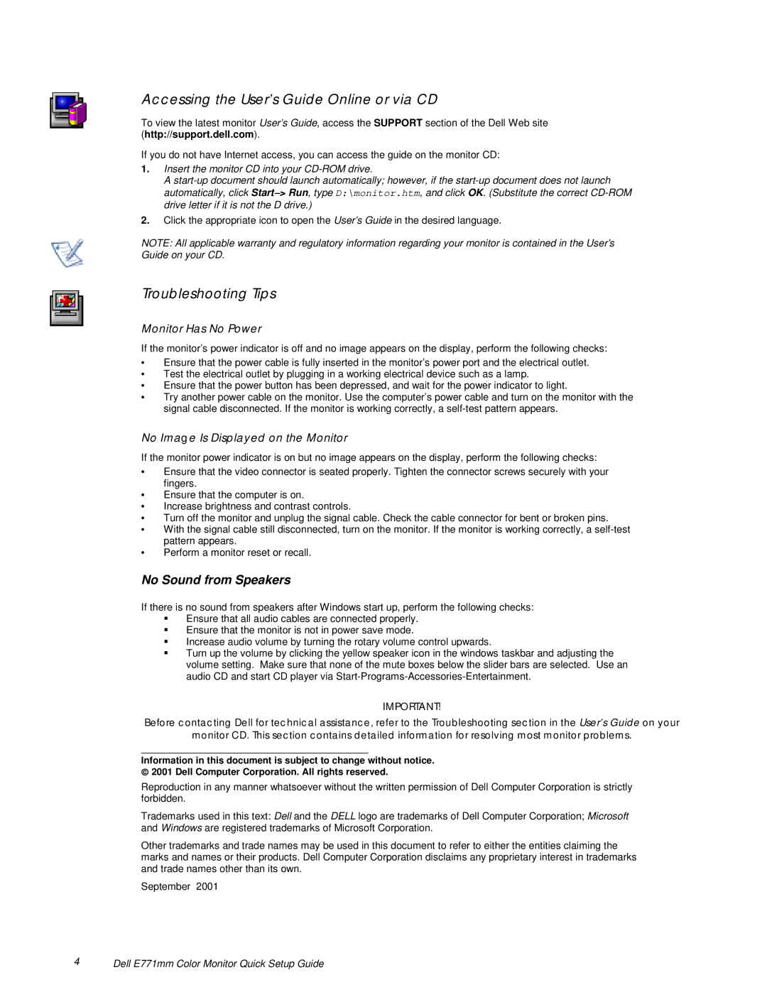 Dell E771MM setup guide Accessing the User’s Guide Online or via CD, Troubleshooting Tips, Monitor Has No Power 