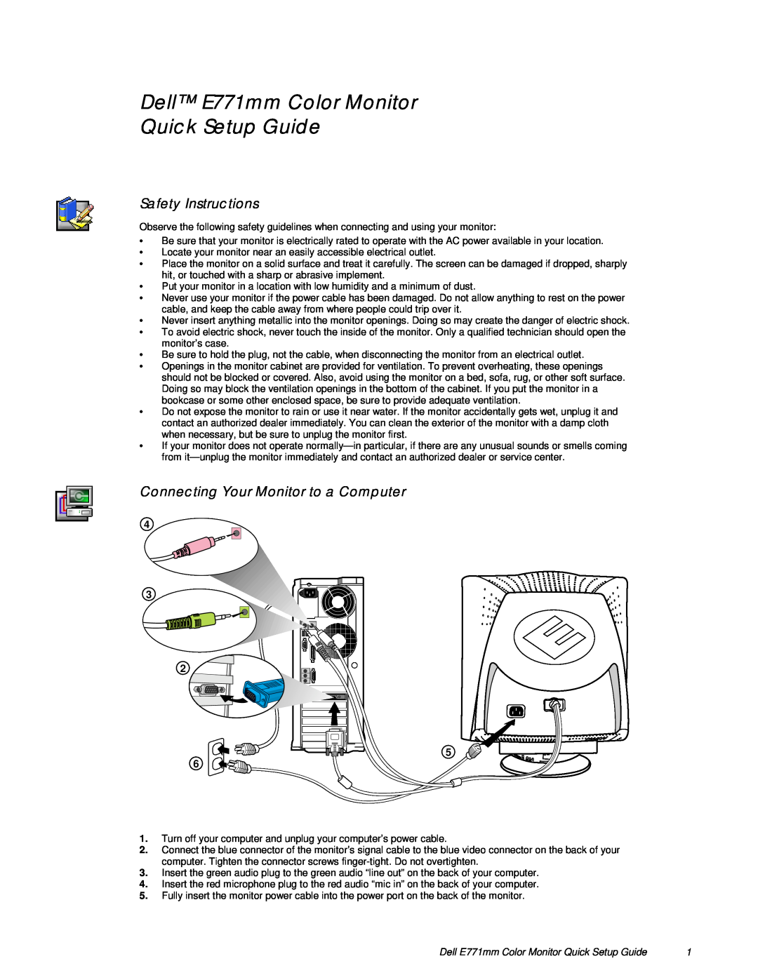 Dell E771MM setup guide Safety Instructions, Connecting Your Monitor to a Computer 
