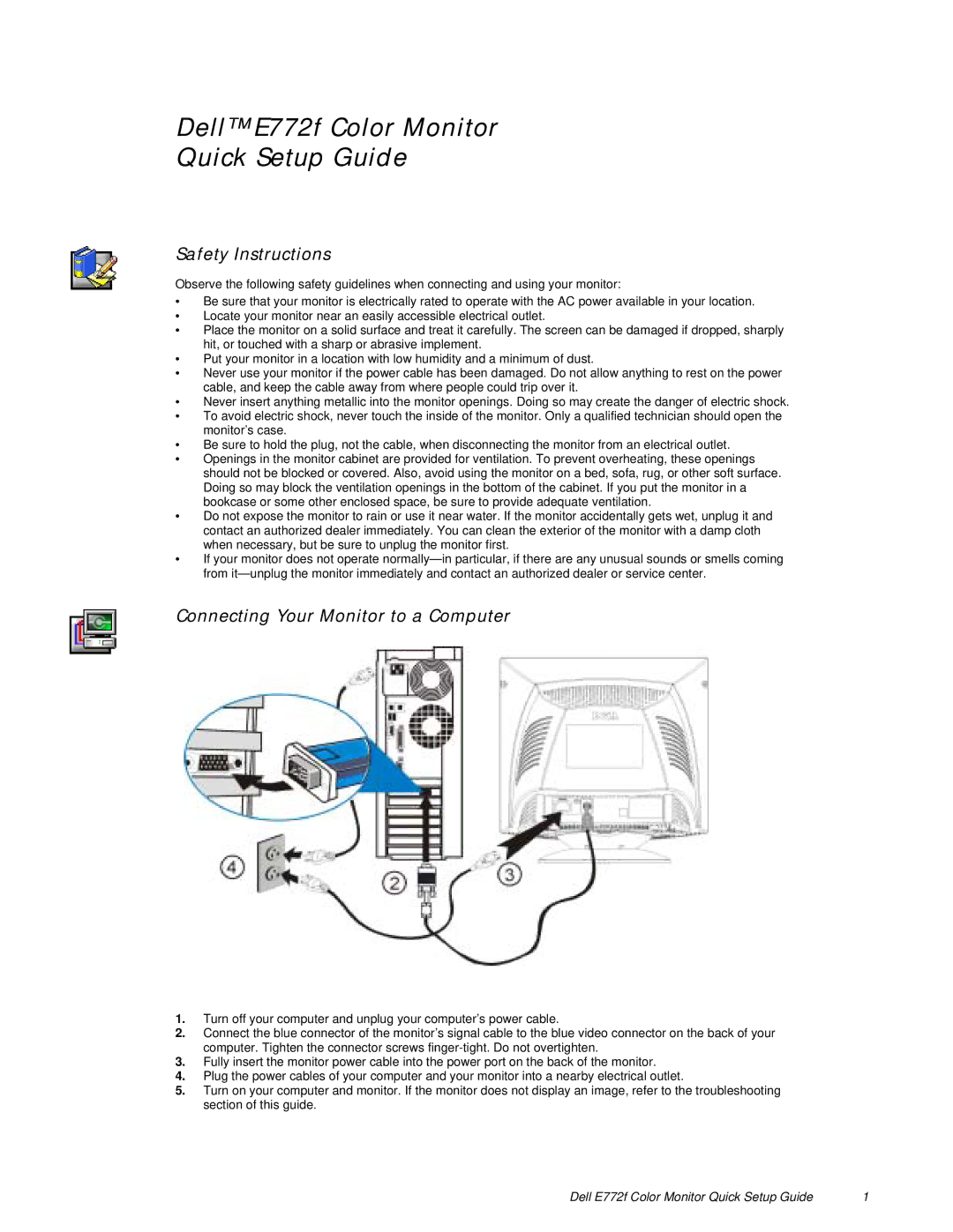 Dell E772f setup guide Safety Instructions, Connecting Your Monitor to a Computer 