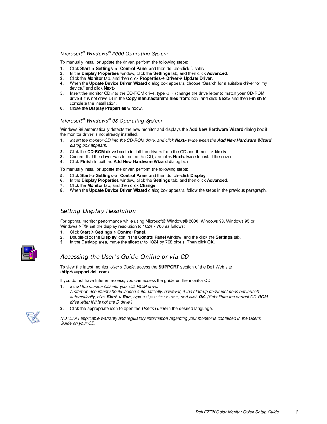 Dell E772f setup guide Setting Display Resolution, Accessing the User’s Guide Online or via CD 