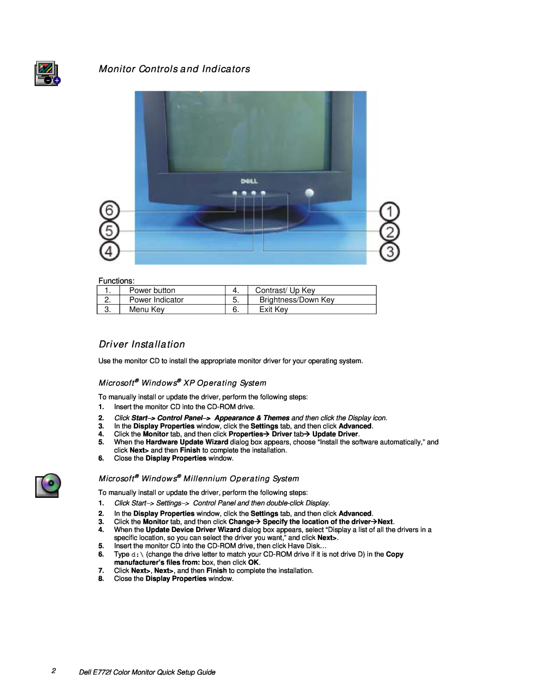 Dell E772f Monitor Controls and Indicators, Driver Installation, Microsoft Windows XP Operating System, Functions 