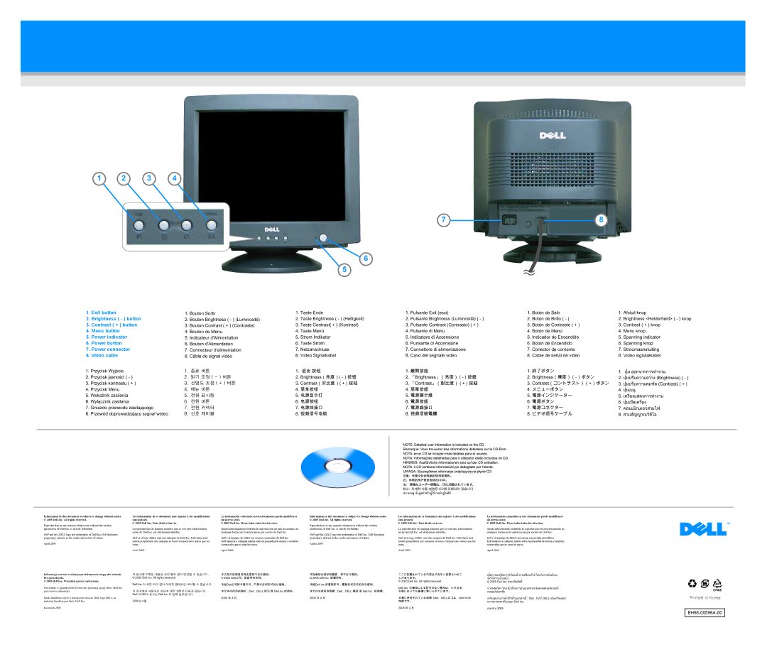 Dell E773s Exit button, Brightness button, Contrast + button, Menu button, Power indicator, Power button, Power connector 