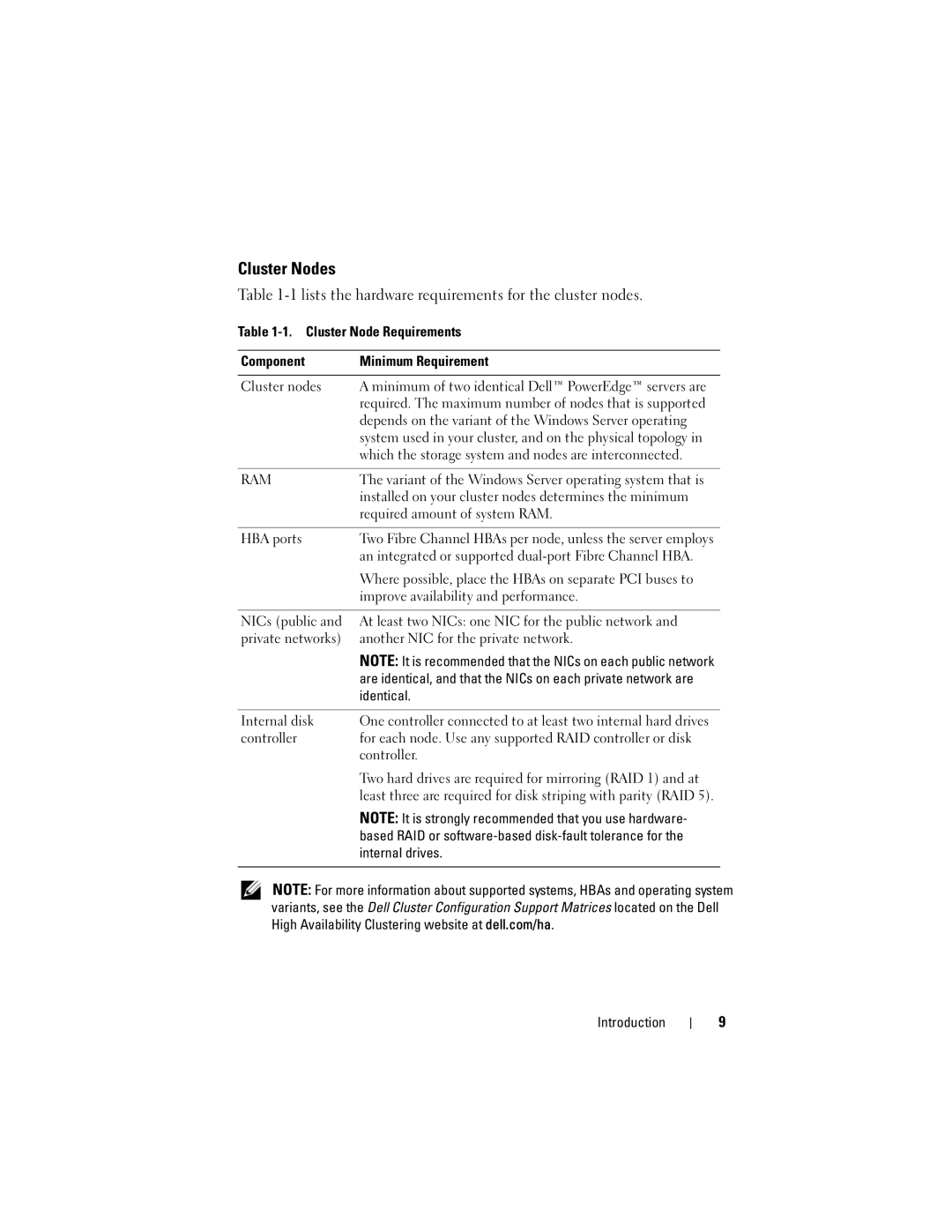 Dell EMC AX4-5 manual Cluster Nodes, Lists the hardware requirements for the cluster nodes, Identical, Internal drives 