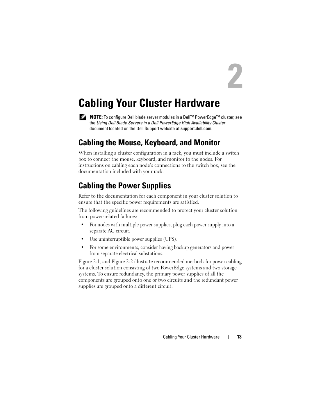 Dell EMC AX4-5I manual Cabling Your Cluster Hardware, Cabling the Mouse, Keyboard, and Monitor, Cabling the Power Supplies 