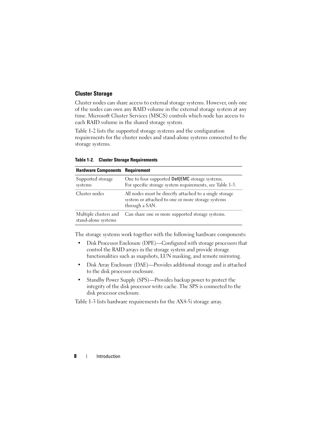 Dell EMC AX4-5I manual Cluster Storage Requirements 