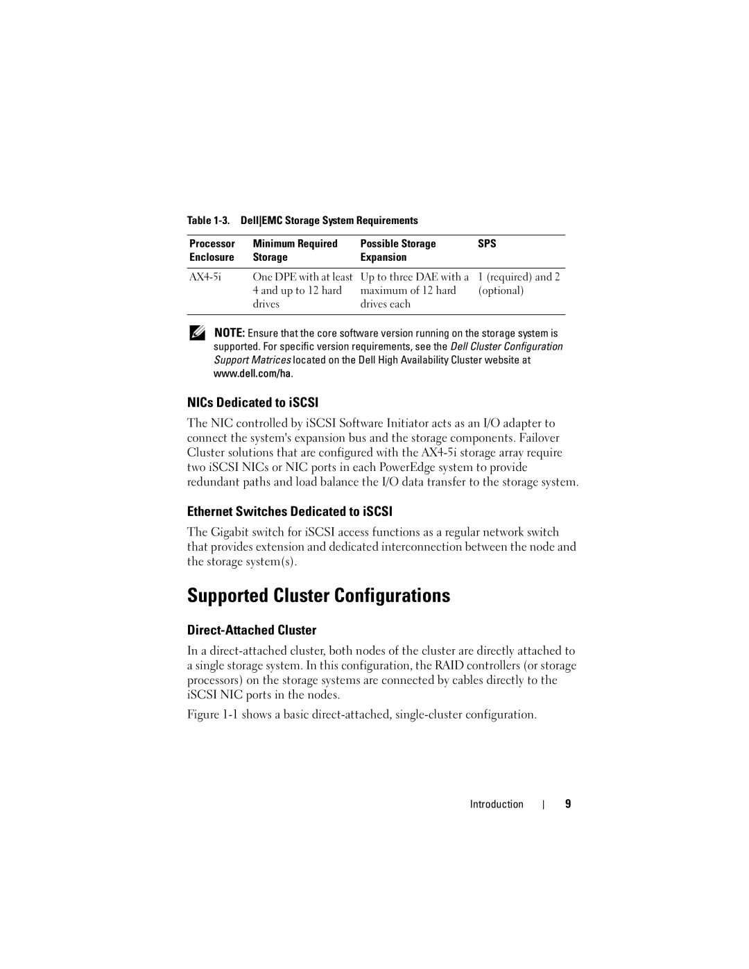 Dell EMC AX4-5I manual Supported Cluster Configurations, NICs Dedicated to iSCSI, Ethernet Switches Dedicated to iSCSI 