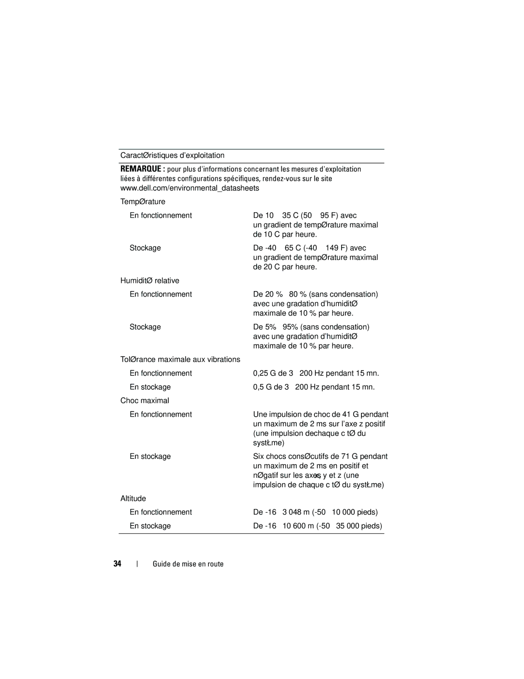 Dell EMS01, YX154 manual Caractéristiques dexploitation Température 