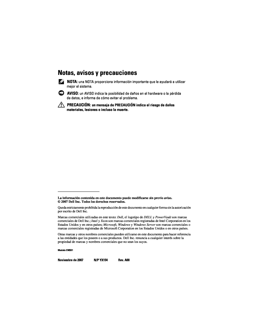 Dell EMS01, YX154 manual Notas, avisos y precauciones 