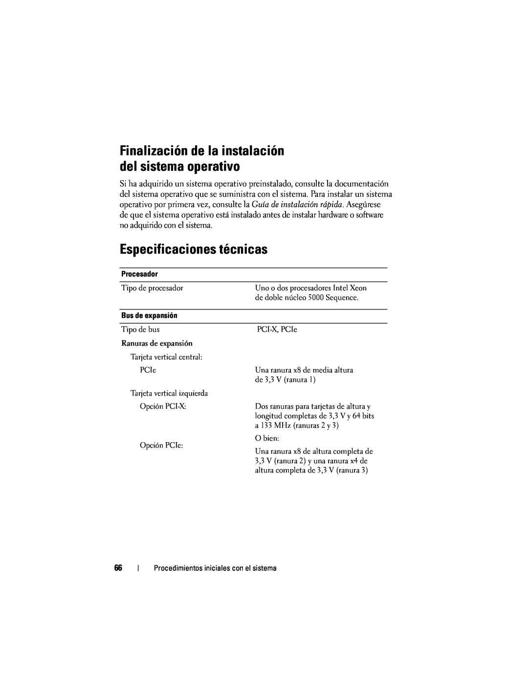 Dell EMS01, YX154 manual Especificaciones técnicas, Finalización de la instalación del sistema operativo 