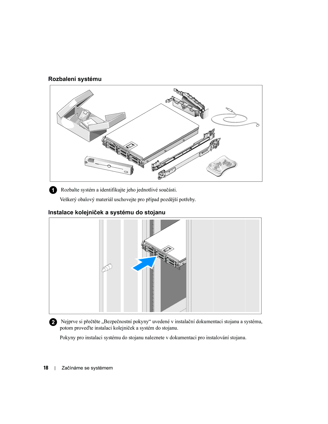 Dell EMS01 manual Rozbalení systému, Instalace kolejniček a systému do stojanu 