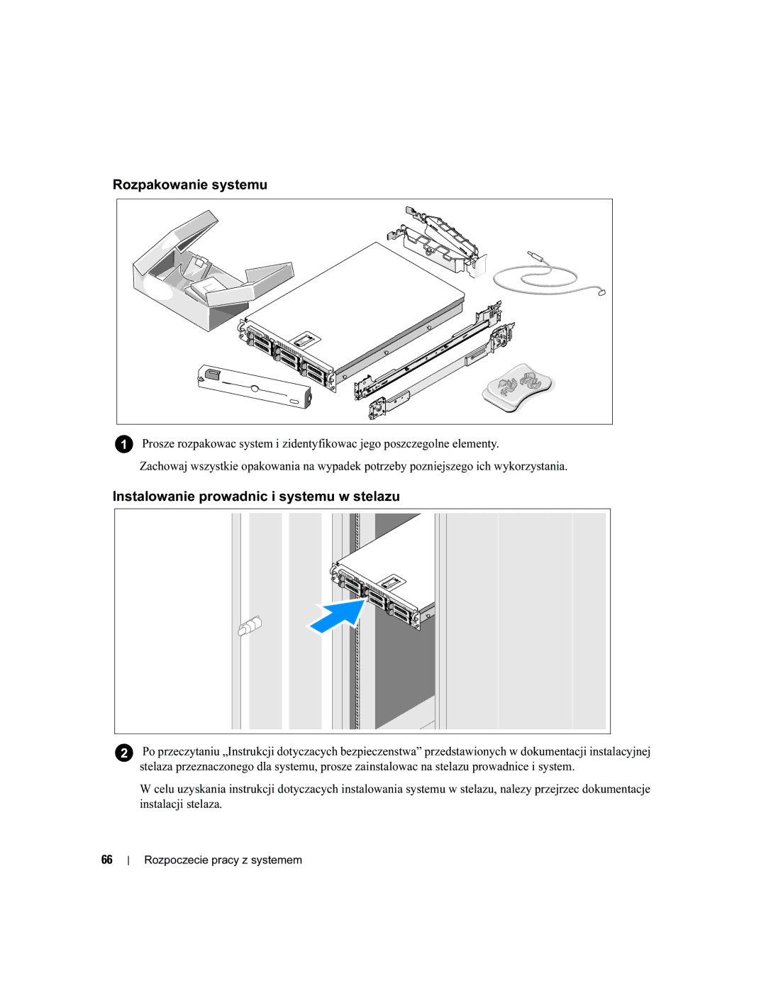 Dell EMS01 manual Rozpakowanie systemu, Instalowanie prowadnic i systemu w stelazu 