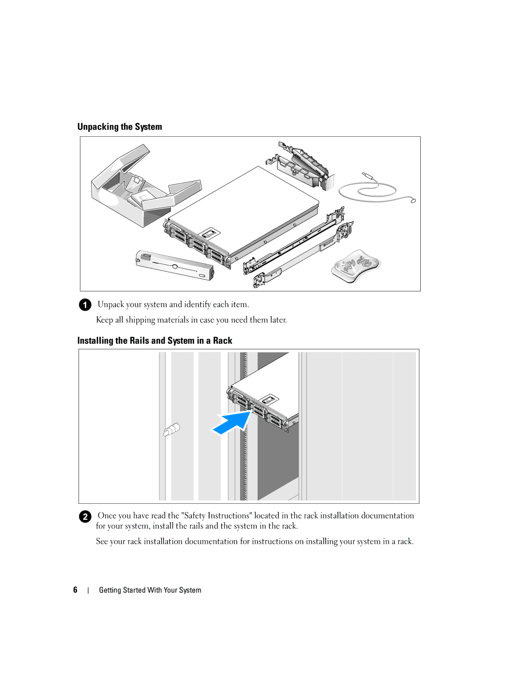 Dell EMS01 manual Unpacking the System, Installing the Rails and System in a Rack 