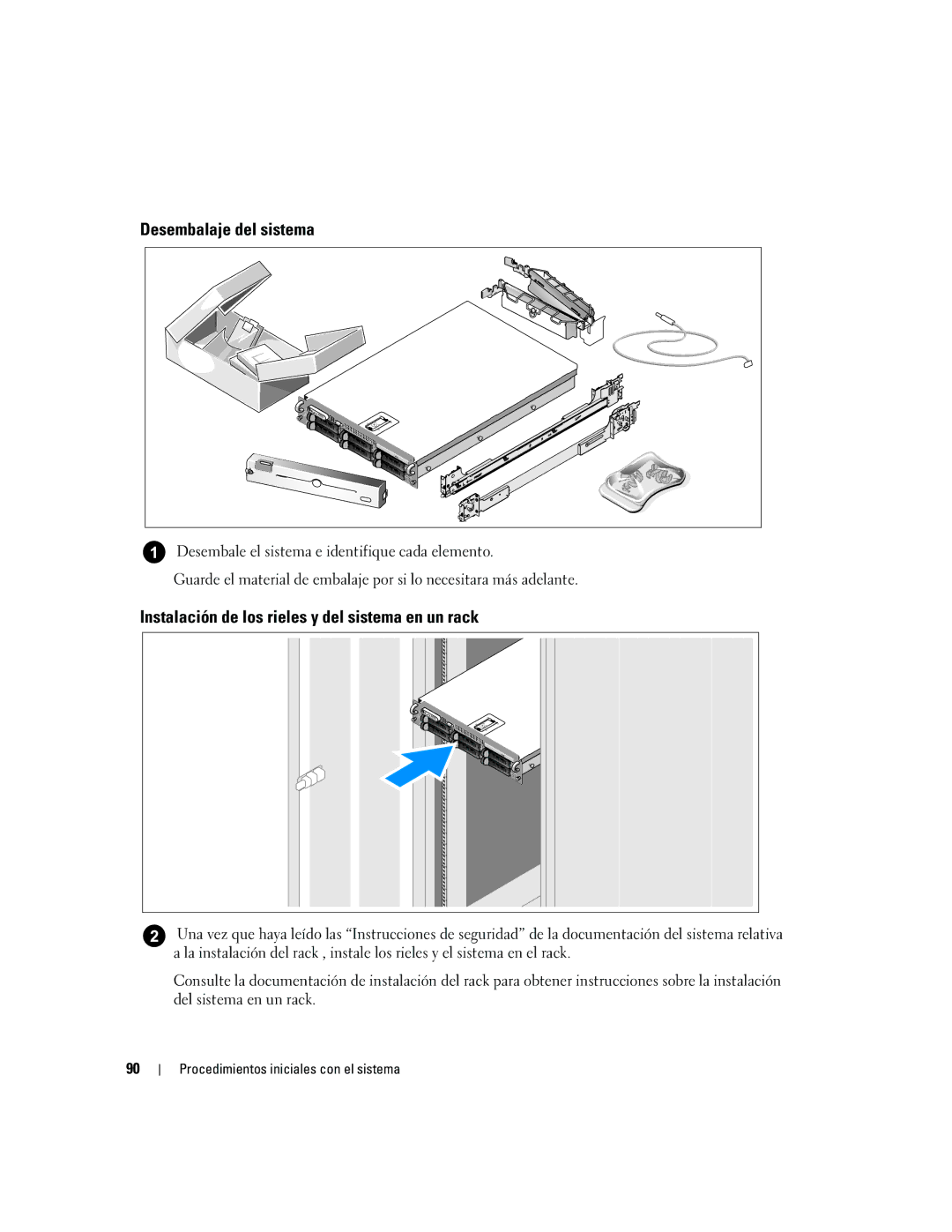 Dell EMS01 manual Desembalaje del sistema, Instalación de los rieles y del sistema en un rack 