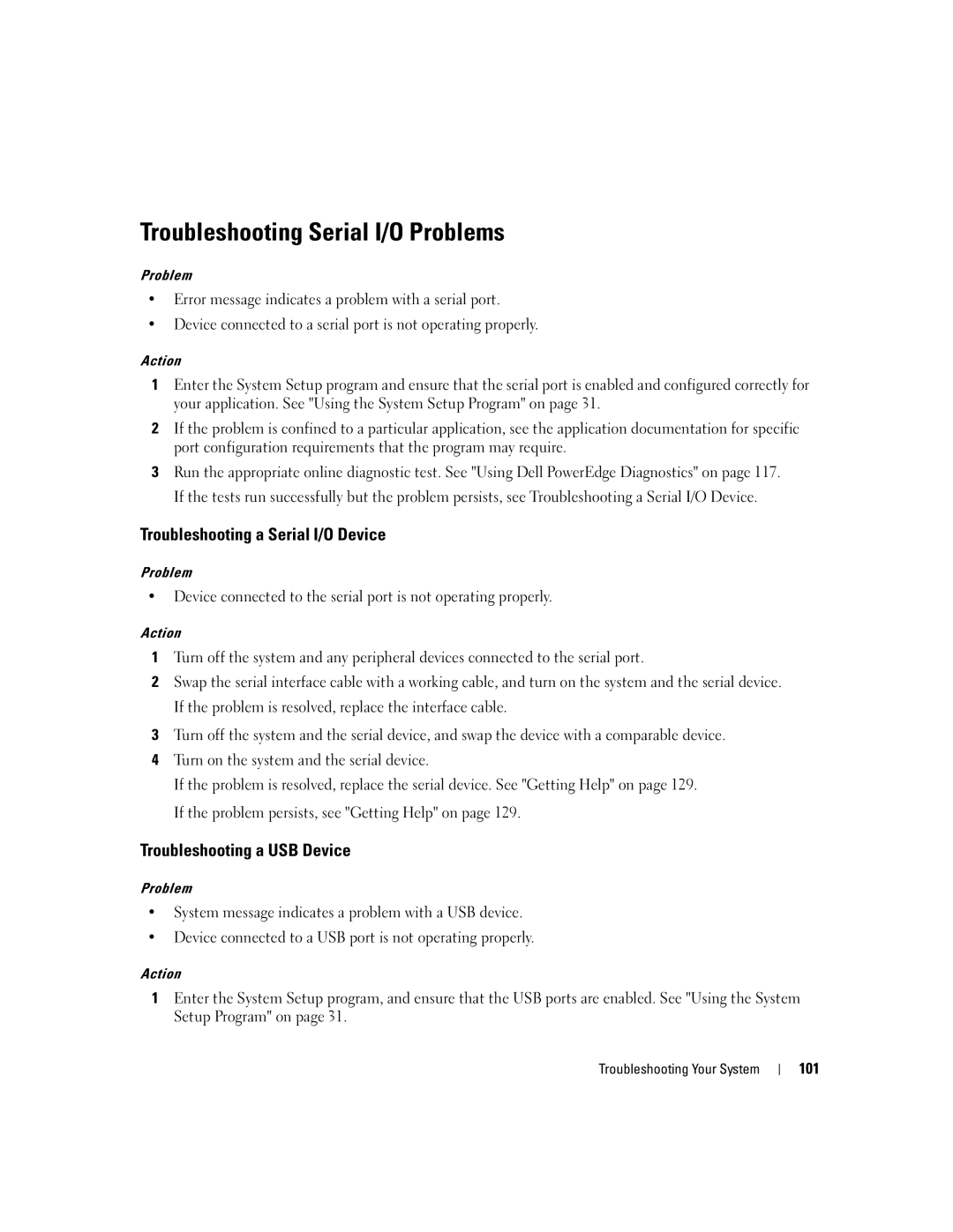 Dell EMU01 Troubleshooting Serial I/O Problems, Troubleshooting a Serial I/O Device, Troubleshooting a USB Device, 101 