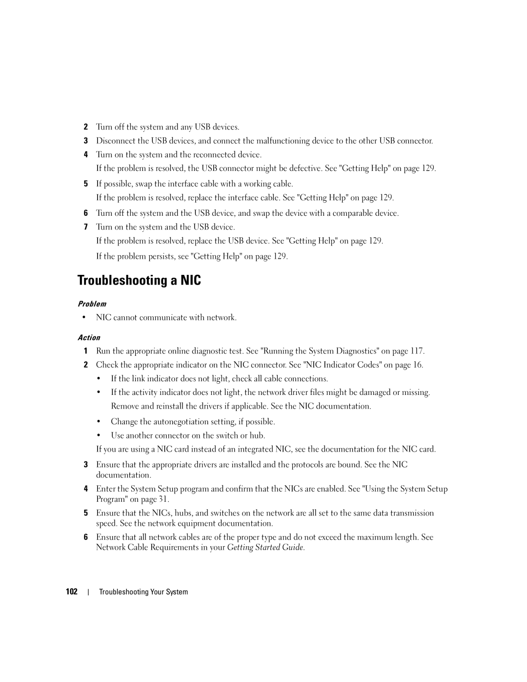 Dell EMU01 owner manual Troubleshooting a NIC, NIC cannot communicate with network 