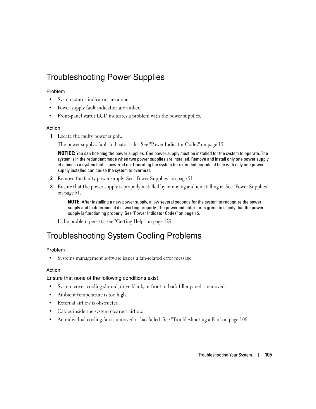 Dell EMU01 owner manual Troubleshooting Power Supplies, Troubleshooting System Cooling Problems, 105 