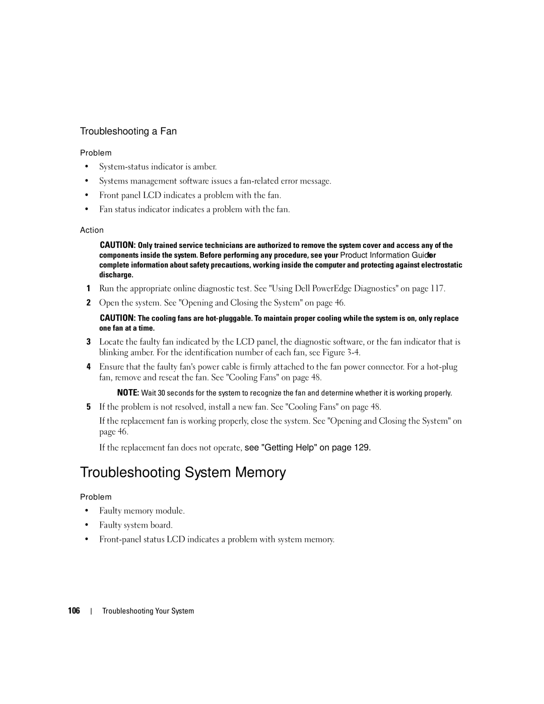 Dell EMU01 owner manual Troubleshooting System Memory, Troubleshooting a Fan 