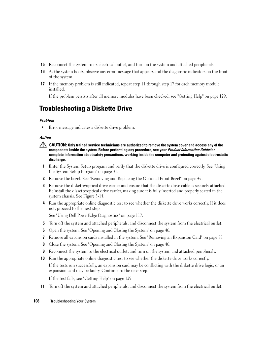 Dell EMU01 owner manual Troubleshooting a Diskette Drive, Error message indicates a diskette drive problem 