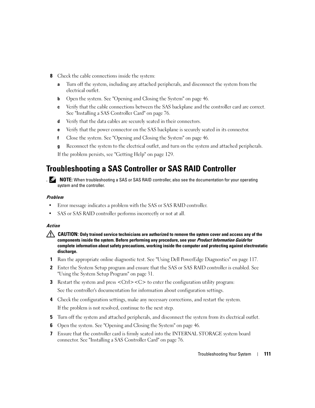 Dell EMU01 owner manual Troubleshooting a SAS Controller or SAS RAID Controller, 111 