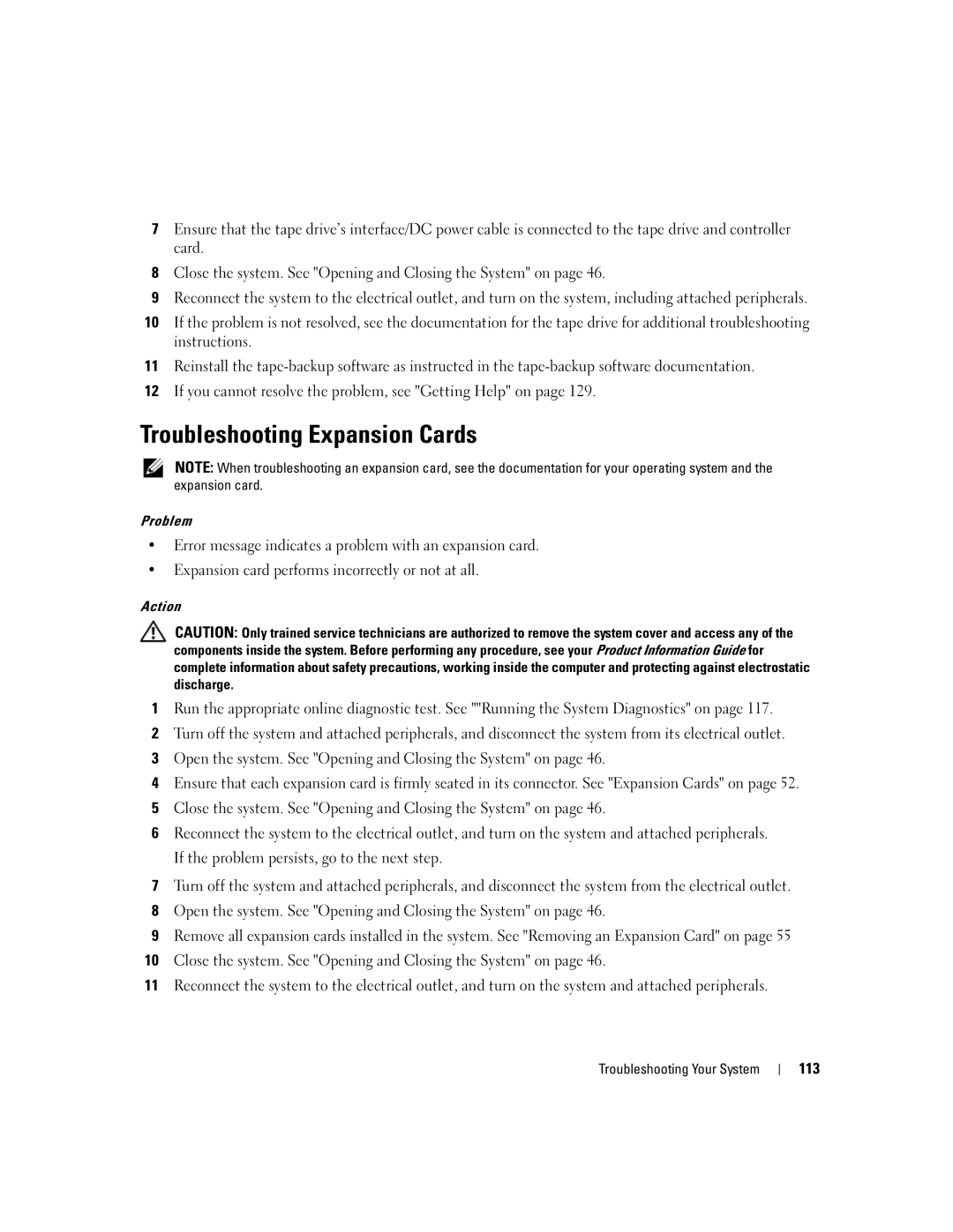 Dell EMU01 owner manual Troubleshooting Expansion Cards, 113 