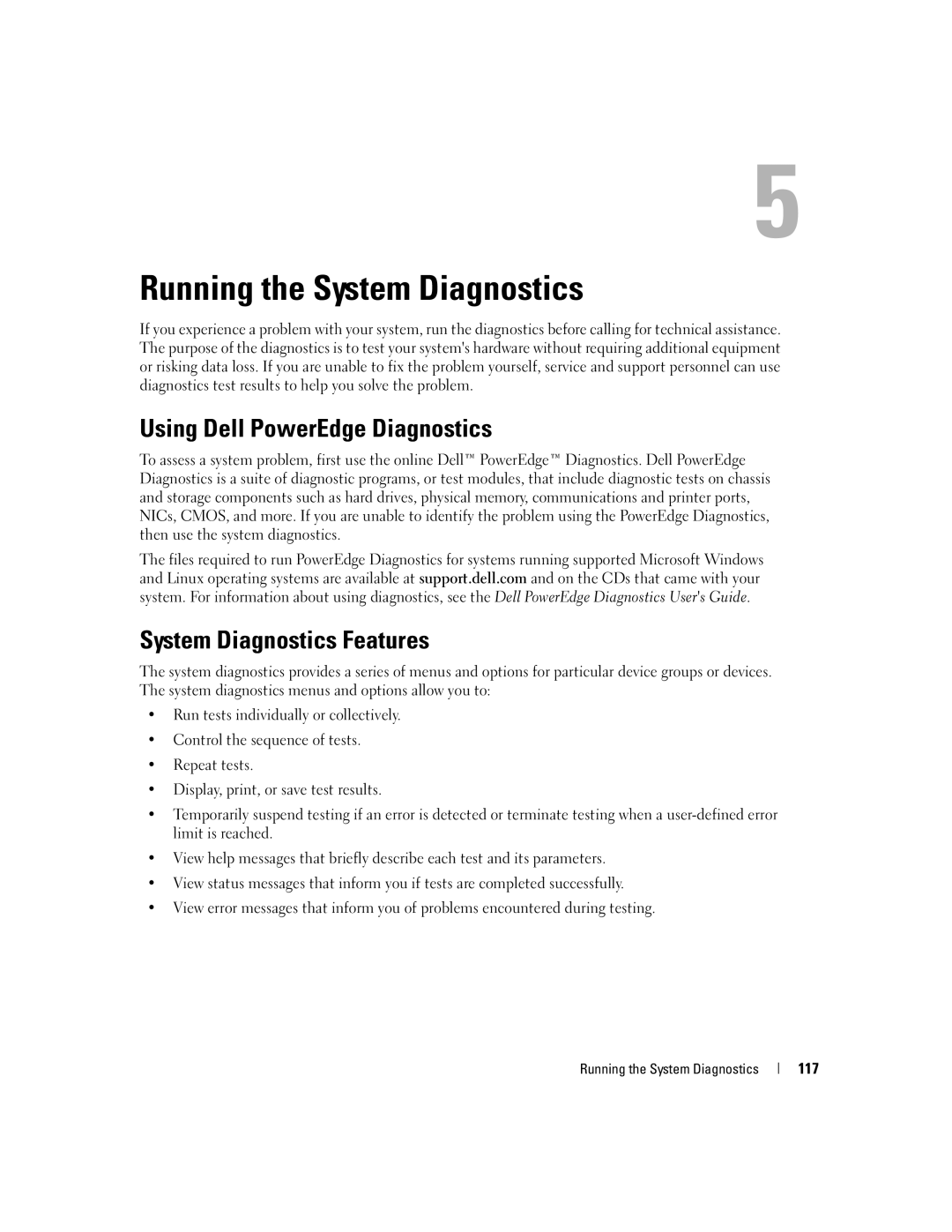 Dell EMU01 owner manual Using Dell PowerEdge Diagnostics, System Diagnostics Features, 117, Running the System Diagnostics 