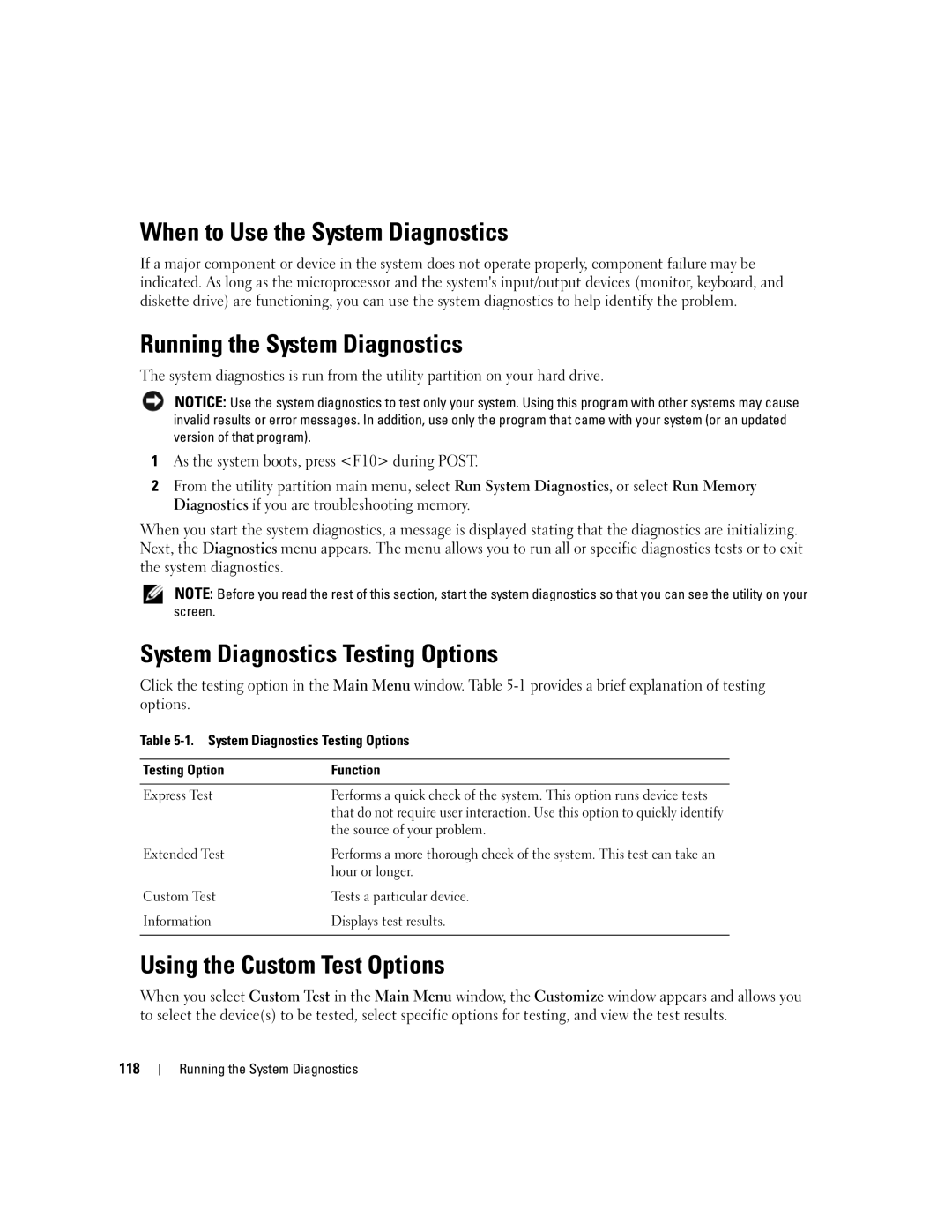 Dell EMU01 When to Use the System Diagnostics, Running the System Diagnostics, System Diagnostics Testing Options, 118 