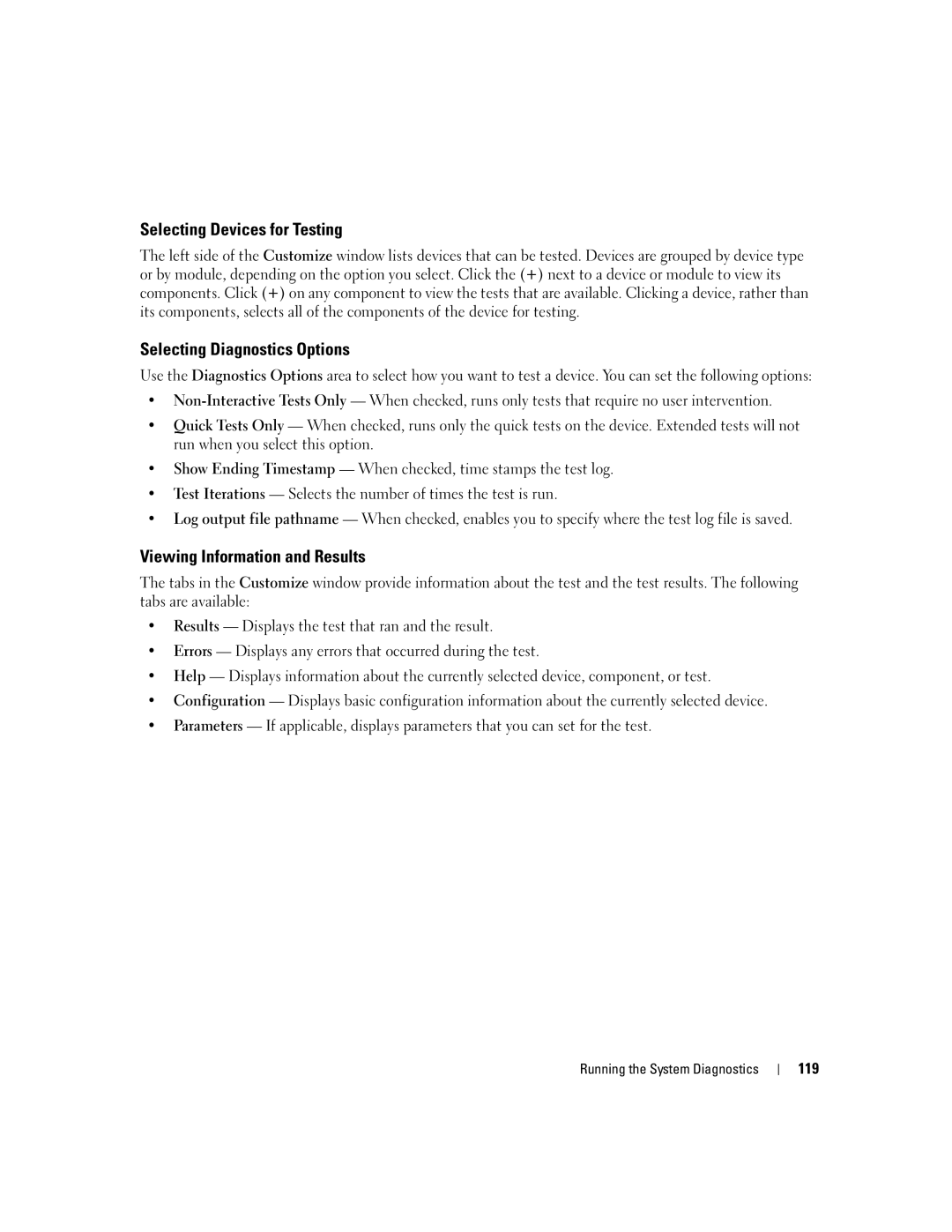 Dell EMU01 owner manual Selecting Devices for Testing, Selecting Diagnostics Options, Viewing Information and Results, 119 