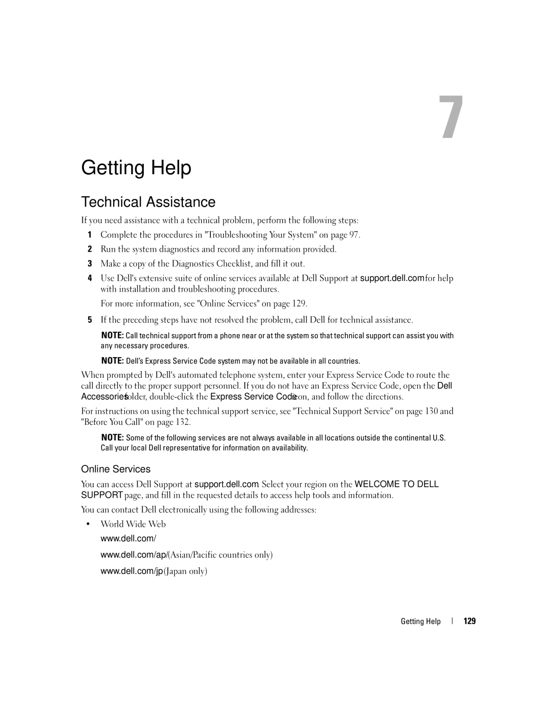 Dell EMU01 owner manual Technical Assistance, Online Services, 129, Getting Help 