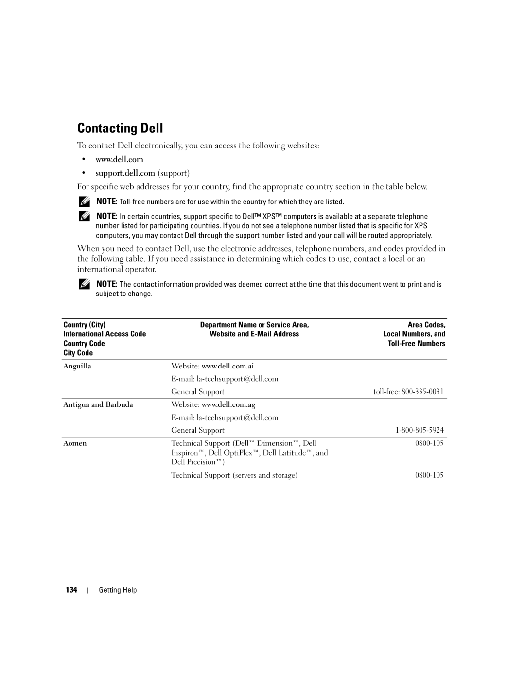 Dell EMU01 owner manual Contacting Dell, 134, Mail la-techsupport@dell.com General Support Toll-free 