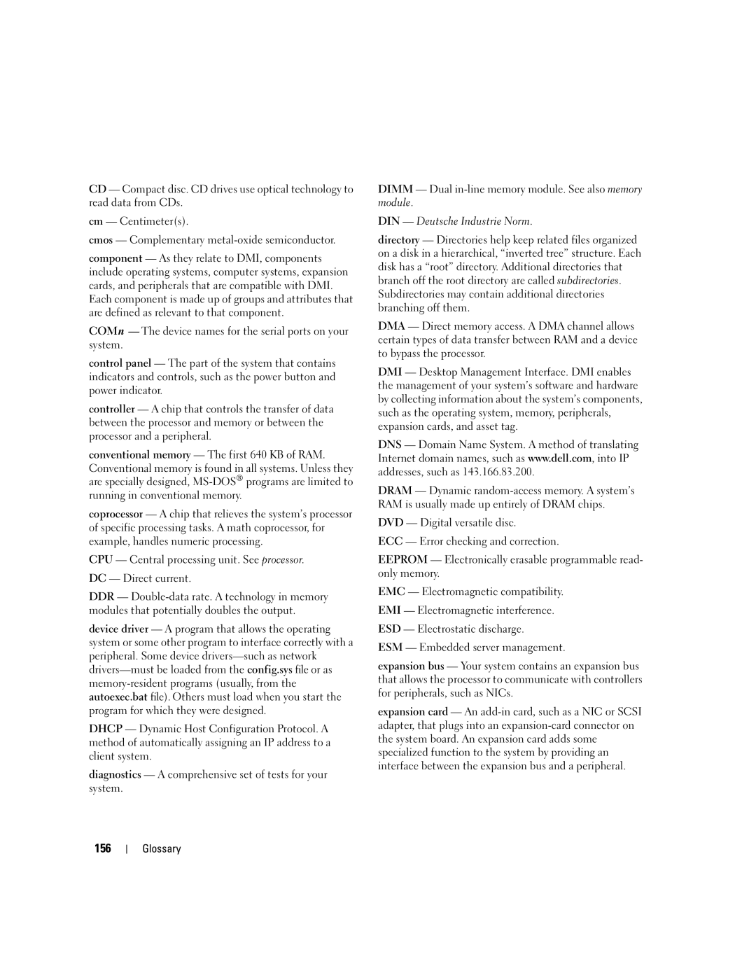 Dell EMU01 owner manual 156, CPU Central processing unit. See processor DC Direct current 