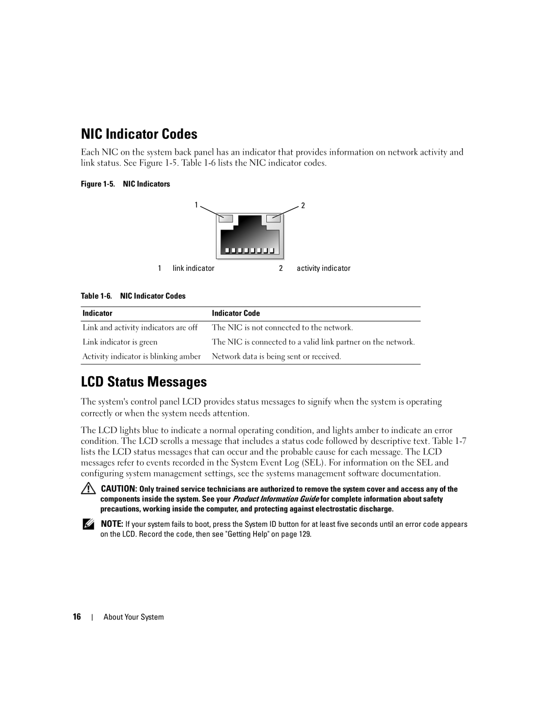 Dell EMU01 owner manual NIC Indicator Codes, LCD Status Messages 