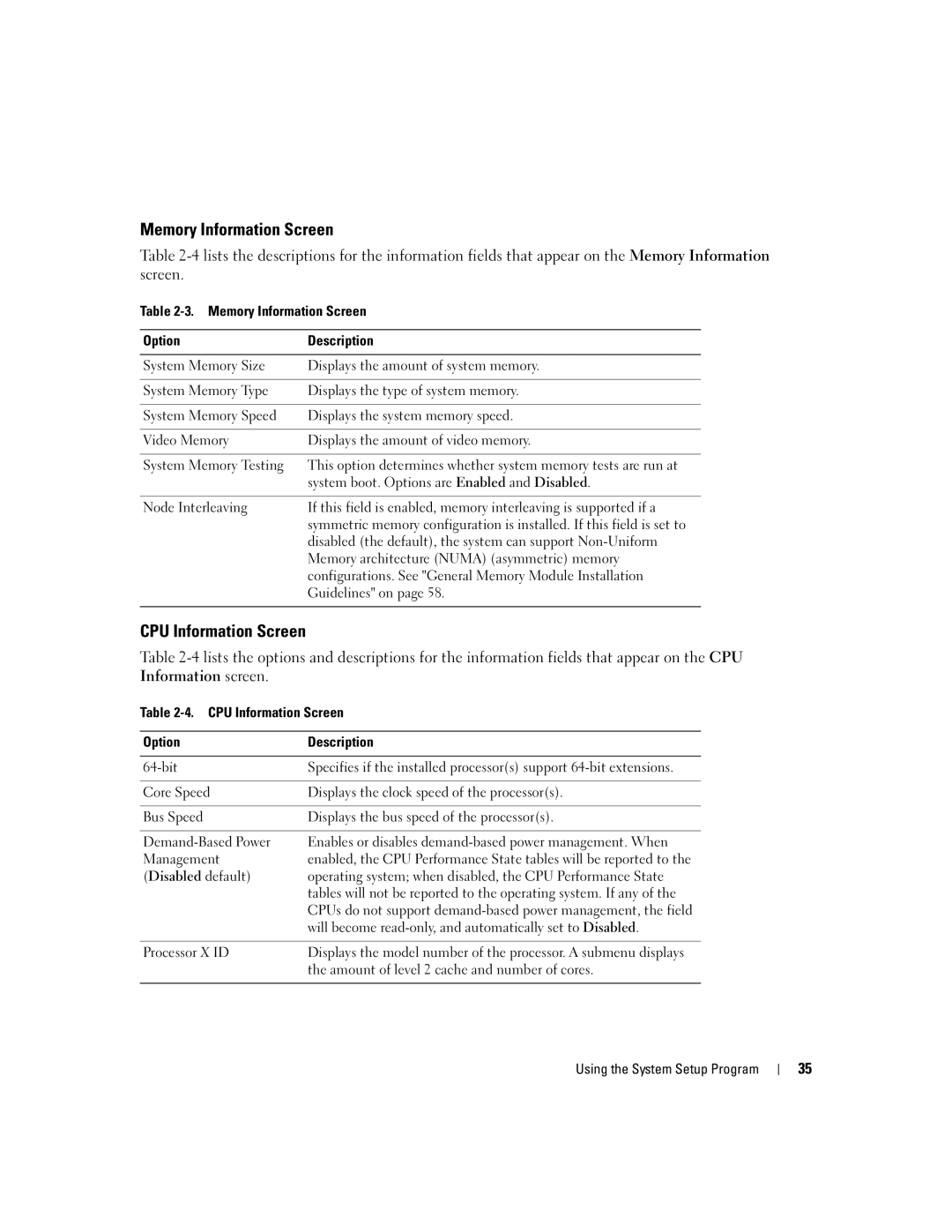 Dell EMU01 owner manual Memory Information Screen, CPU Information Screen 