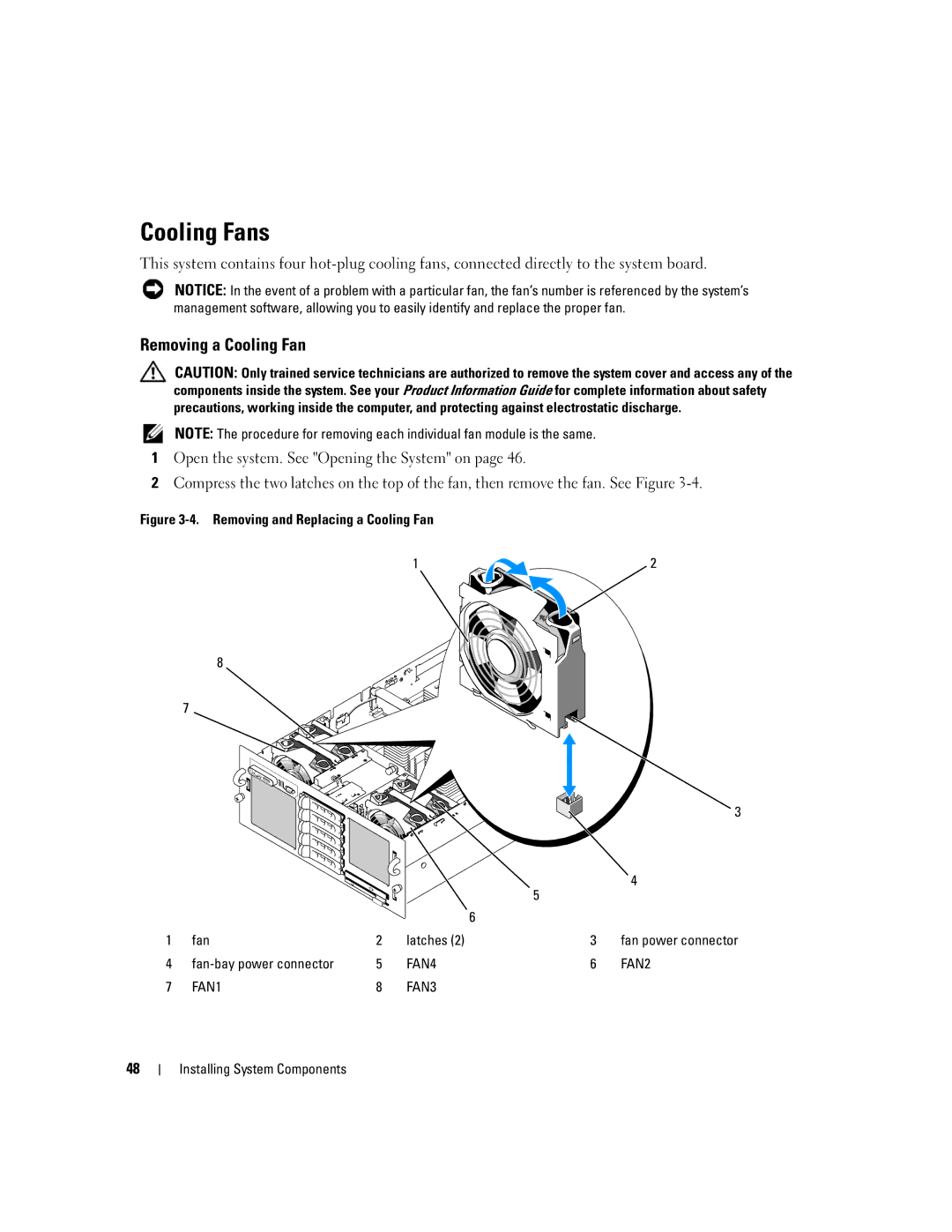 Dell EMU01 owner manual Cooling Fans, Removing a Cooling Fan, Fan-bay power connector 