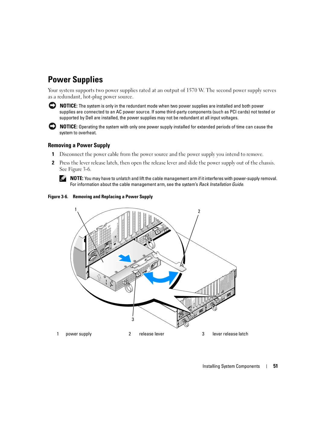 Dell EMU01 owner manual Power Supplies, Removing a Power Supply 