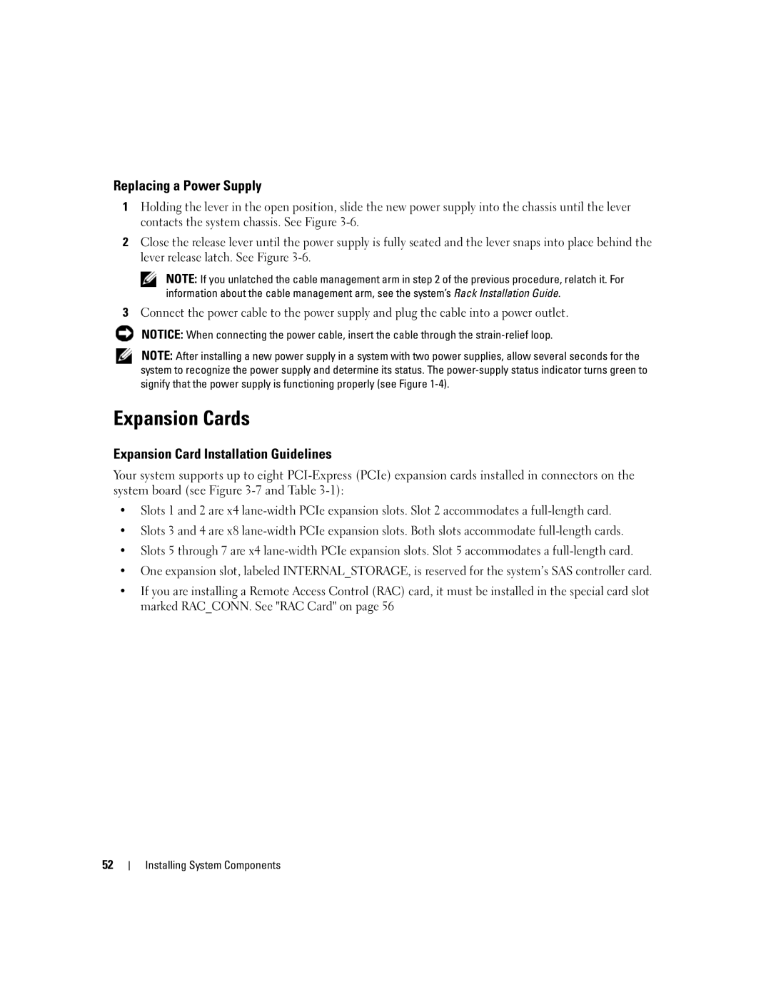 Dell EMU01 owner manual Expansion Cards, Replacing a Power Supply, Expansion Card Installation Guidelines 