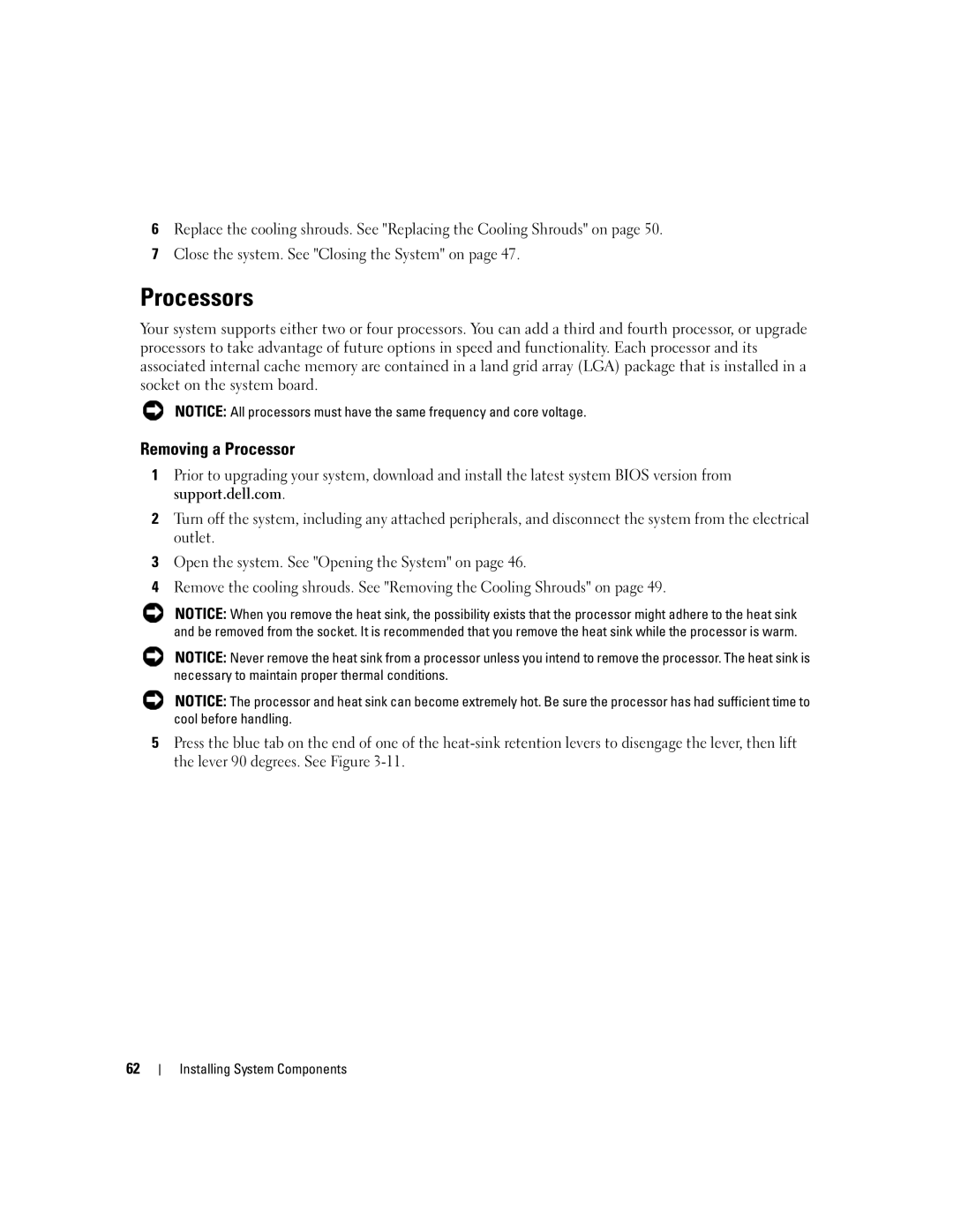 Dell EMU01 owner manual Processors, Removing a Processor 