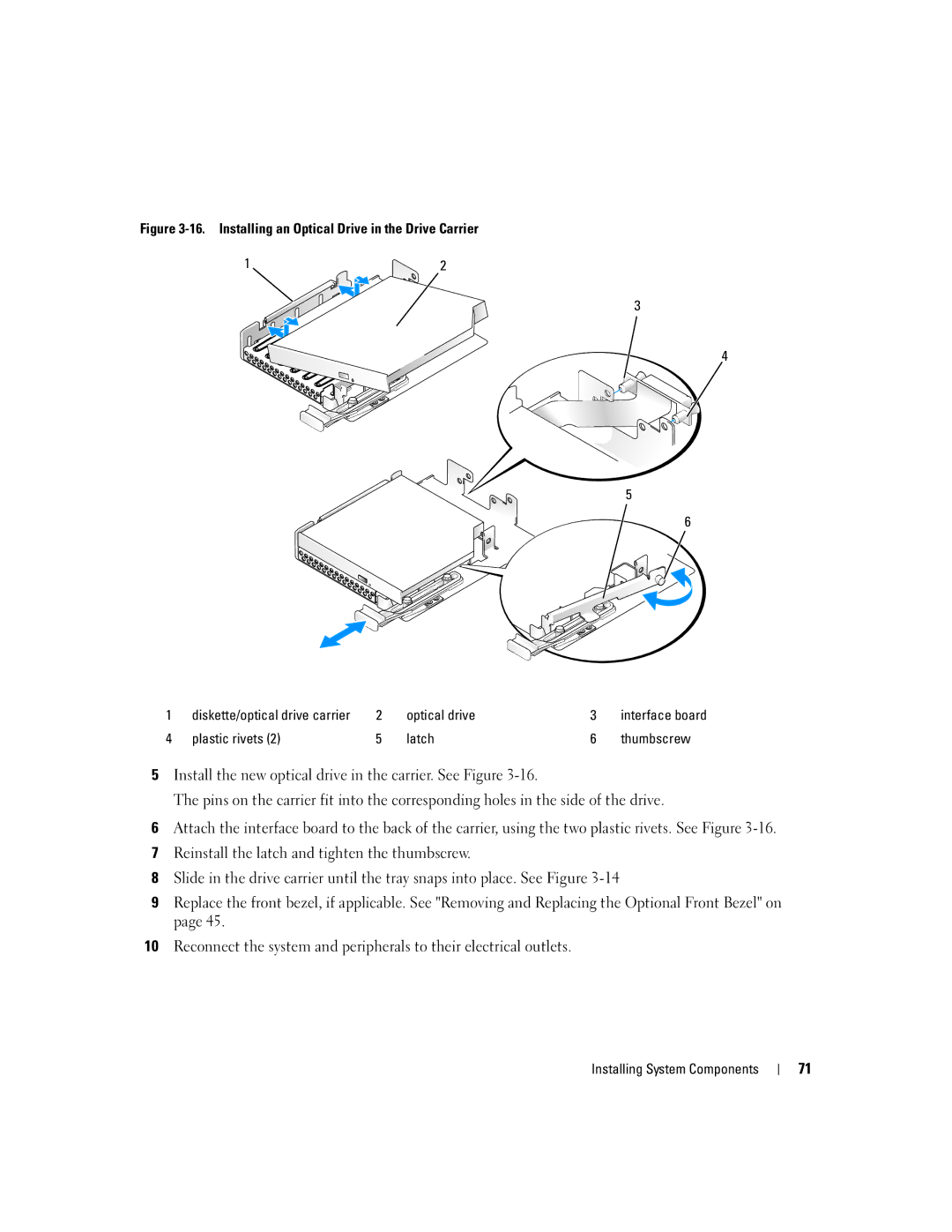 Dell EMU01 owner manual Optical drive, Plastic rivets Latch Thumbscrew 