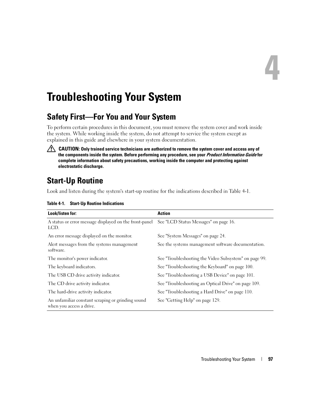 Dell EMU01 owner manual Safety First-For You and Your System, Start-Up Routine Indications Look/listen for Action 