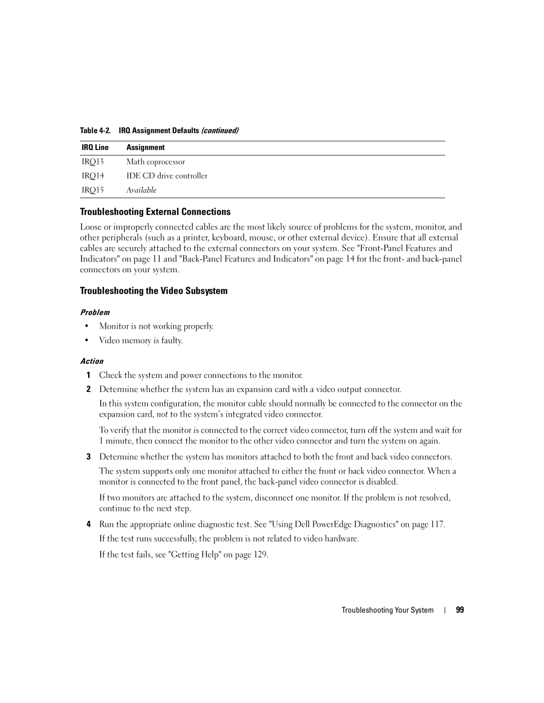 Dell EMU01 owner manual Troubleshooting External Connections, Troubleshooting the Video Subsystem 