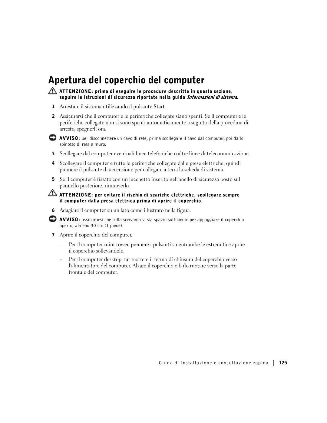 Dell F0276 manual Apertura del coperchio del computer, Guida di installazione e consultazione rapida 125 